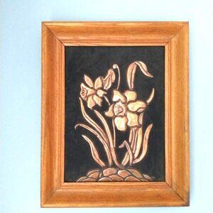 Framed Vintage Copper Repousse of Flowers Antique Wall Hanging Decor Decorations
